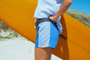 Side view of Atmosea Ellis Canvas Shorts in three-tone blue cotton with white contrast piping and a high-waisted fit.