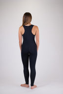 The back view of a woman wearing the Atmosea long jane wetsuit in black against a white background. 