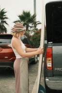 Lifestyle photo of the Atmosea Patchwork Pant.