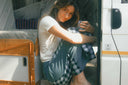 Atmosea Patchwork Pants in Turquoise Check featuring a relaxed wide-leg fit and colorful checkered cotton fabric.