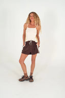 Atmosea Terry Towelling Après Surf Shorts in chocolate brown cotton terry with an elastic drawstring waistband and sporty side stripes.