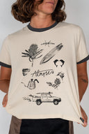 Atmosea Yaz Artifacts Ringer Tee in sand with dark grey contrast trim and original surf-inspired illustrations by artist Yaz Ward.
