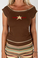 Front view of the Inner Relm 90 Star Tee in brown with contrast piping and a star graphic.
