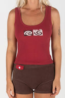 Front view of the Inner Relm Checkers Top in burgundy with a vintage-inspired graphic.