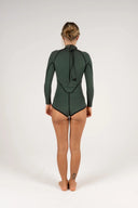 Back view of the Inner Relm Green Envy Spring Suit 2mm showing the back zipper and contrast stitching.
