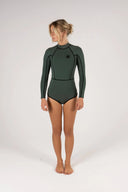 Model wearing the Inner Relm Green Envy Spring Suit 2mm from the front.