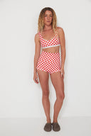Full-length front view of the Salt Gypsy Bralette Bikini Top in Chilli Checkers with matching swim bottoms.