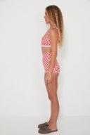 Side view of the Salt Gypsy Bralette Bikini Top in Chilli Checkers showing the scoop neckline and supportive fit.