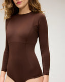 Close-up of the Seea Noa Surf Suit in Cappuccino showing the neckline and recycled C-Skin fabric.