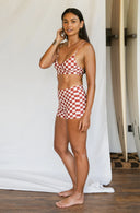 Side view of the September The Line Josie Boyshorts in Marfa Check Print