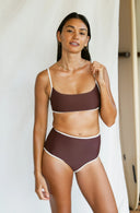 Model wearing River Bikini Top in Cold Brew front view 